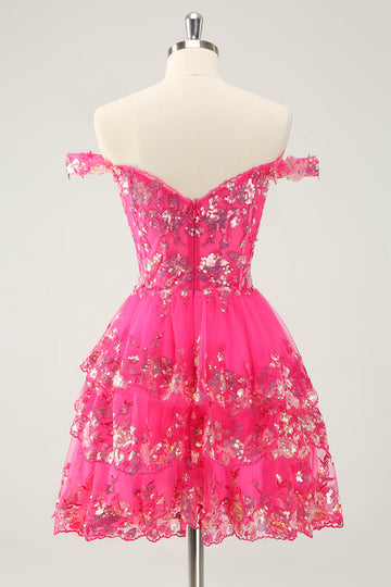 Lindo vestido de cóctel de encaje con corsé escalonado de color rosa brillante intenso